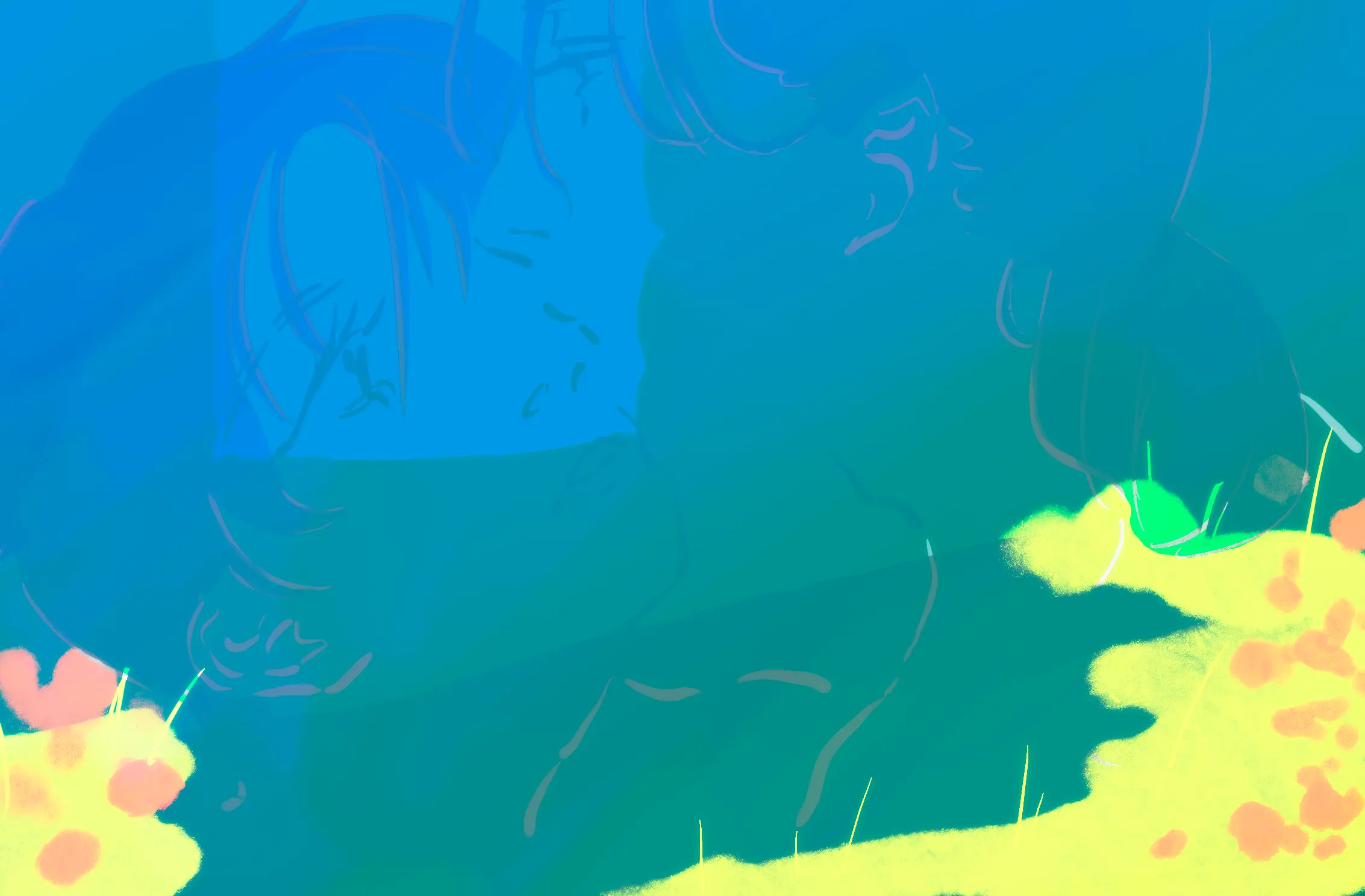 水辺の風景とキスの混ざった絵