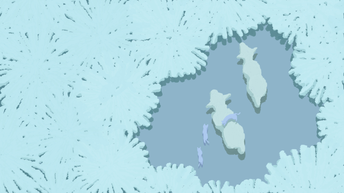 雪の積もる森を走る北極キリンと北極ネコ